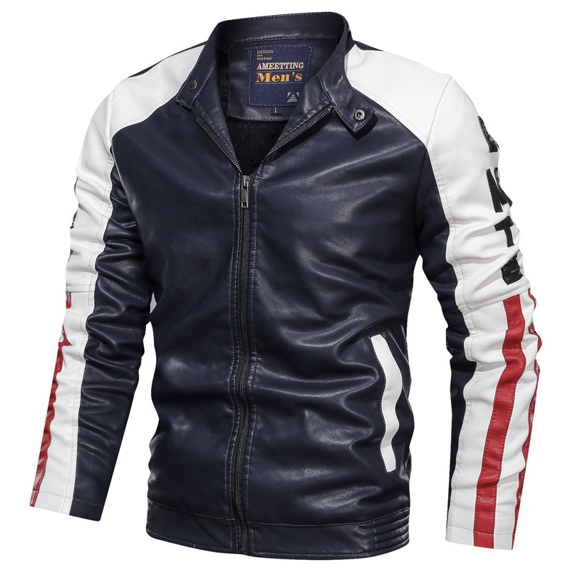 Mens Leather Jackets, Casual Patchwork Stand Collar Zipper Coats B1