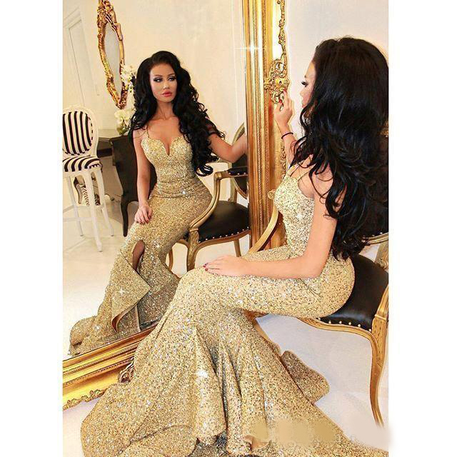 Gold Spaghetti Straps Draped Ruffles Formal Evening Dress Sweetheart Sequined Mermaid Prom Dresses celebrity African Gowns Vestidos De Festa