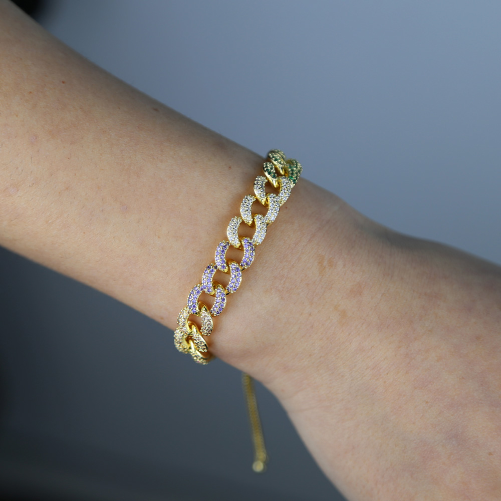 Adjust slider box chain gold rose gold 2 color micro pave rainbow cz Miami cuban link chain women bracelet fashion