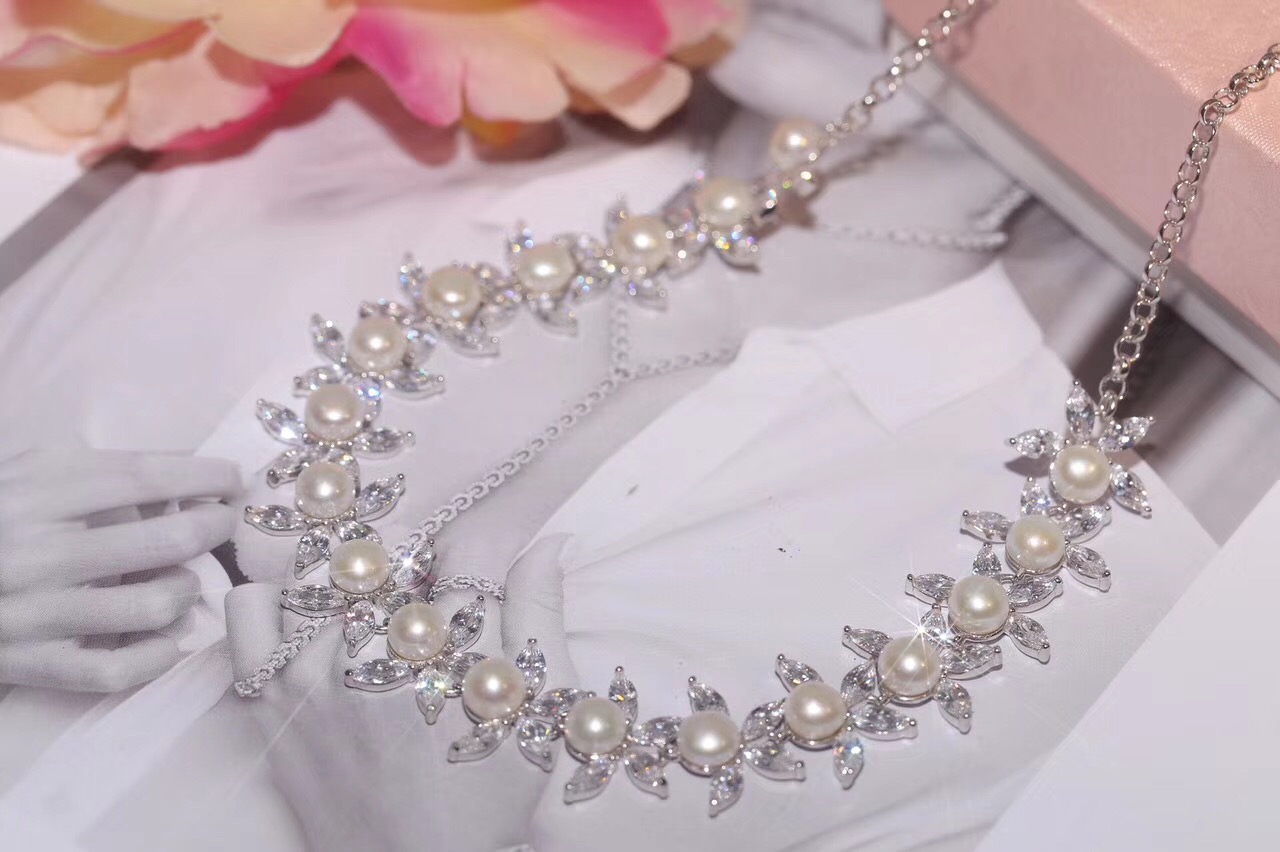 Fashion- Silver Adjustable Slide Marquise Cut Clear Cubic Zirconia Leaf Tennis Choker Necklaces With Natural Pearl For Women Wedding
