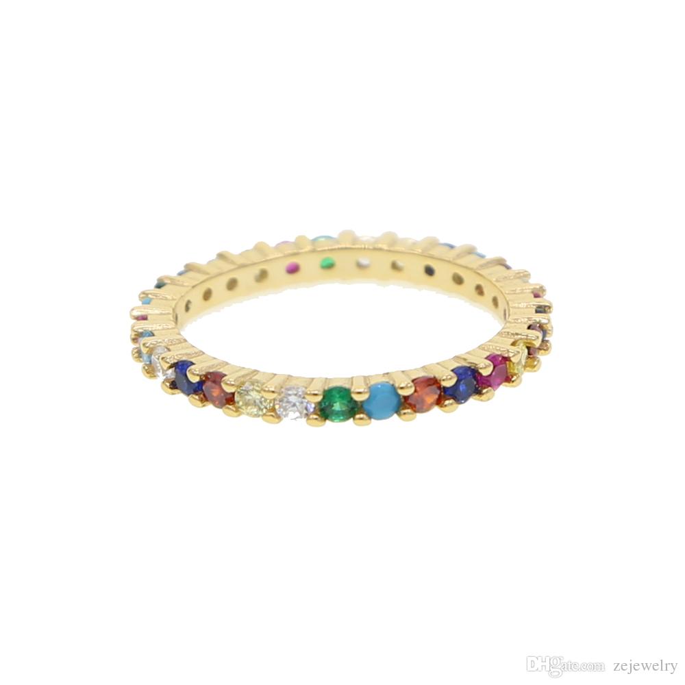 New design 925 Sterling silver gold multi color eternity band delicate rainbow cute girl women colorful beautiful full cz stack skinny rings