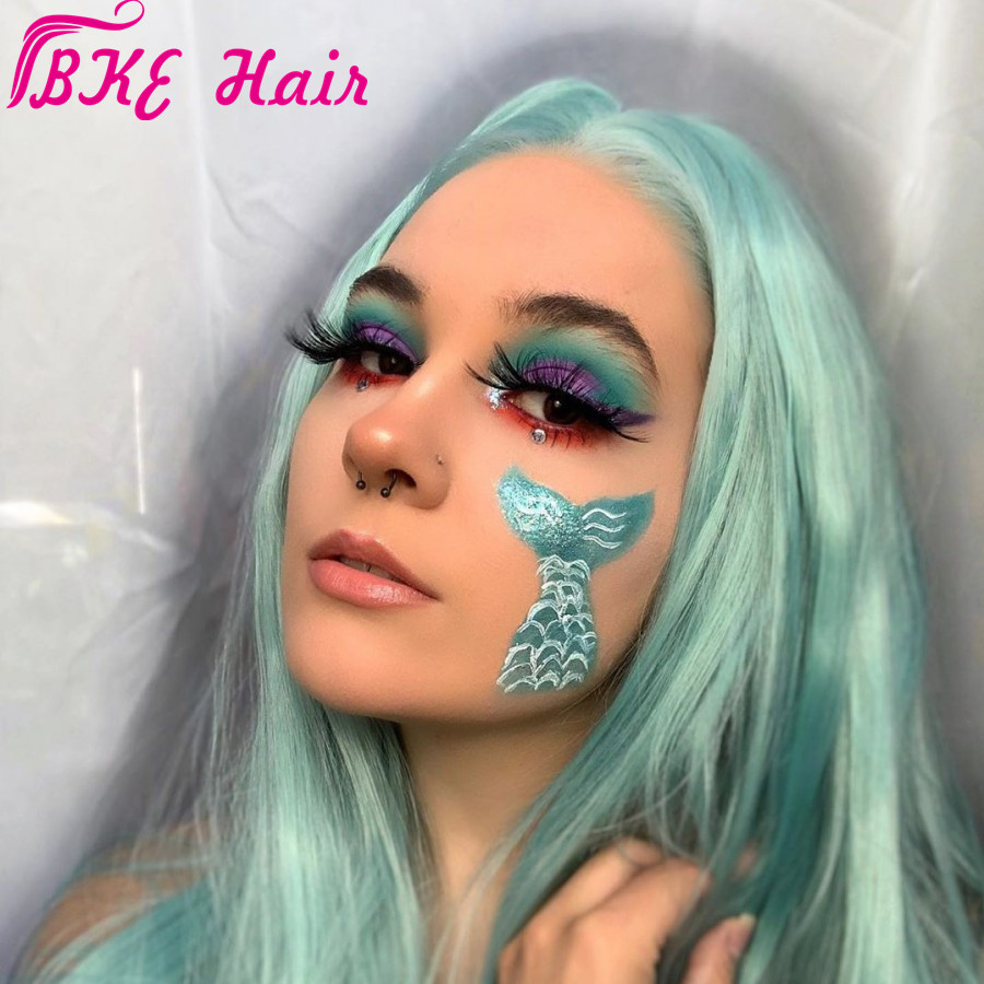 Long natural simulation human hair lace front wig Mint Green Wigs Long straight sythetic lace wig heat resistant cosplay Wigs for Women