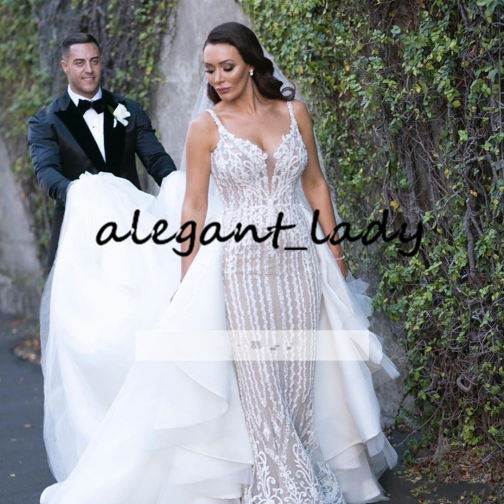 Gorgeous Luxury Lace Mermaid Wedding Dresses With Detachable Train 2020 Spaghetti Backless Trumpet Beach Arabic Dubai Bride Wedding Gown