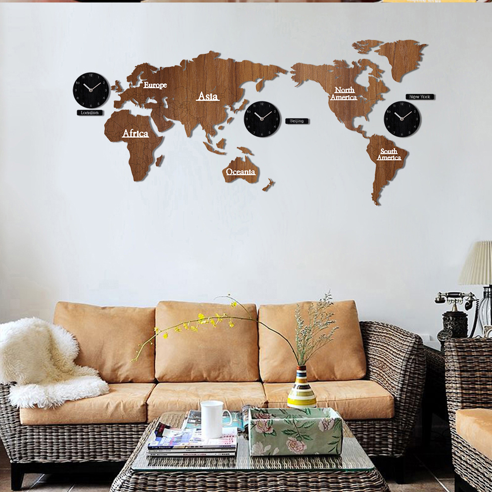 Creative Wooden World Map Wall Clock 3D Map Decorative Design Home Decor Living Room Modern European Style Round Mute Relogio De P6648927
