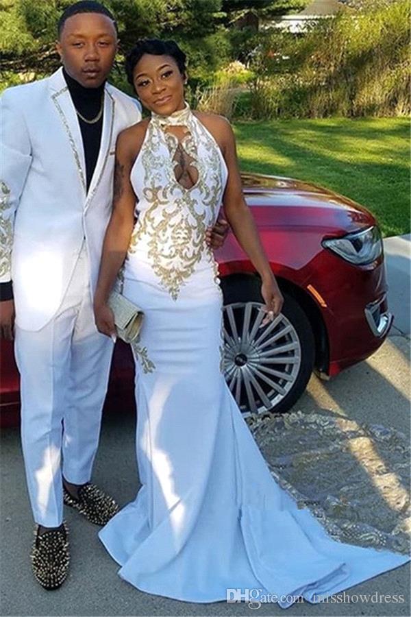 2019 White Prom Dresses With Gold Appliqued High Neck Sweep Train Arabic Mermaid Evening Dress Formal Party Gowns Girls Pageant Dress