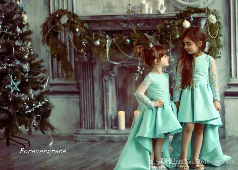 2019 Chic High Low Cute Princess Long Sleeves Girl's Pageant Dress Vintage Arabic Lace Party Flower Girl Pretty Dress For Little Kid