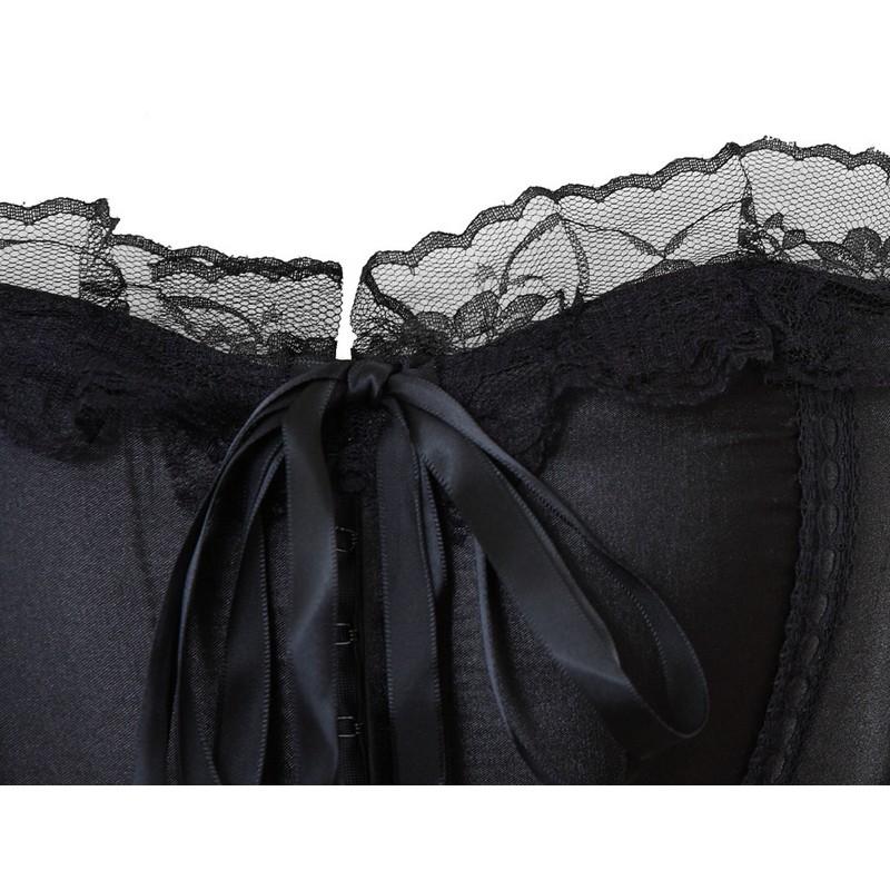 Women Burlesque Plus Size S-6XL Black Overbust Corset Lingerie Top Body Shaper Sexy Lace Up Plastic Boned Corselet with Ruffle Lace Trim