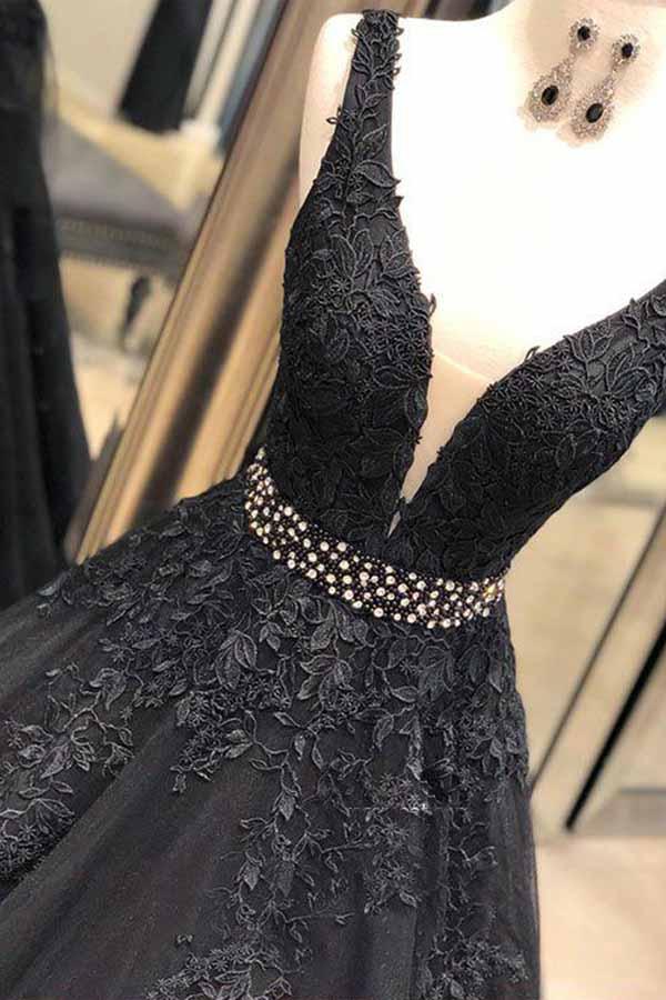 Abiye gece elbisesi Black Long Prom Dresses with Beads V-Neck Ball Appliques Lace Saudi Arabic Evening Dress Gown