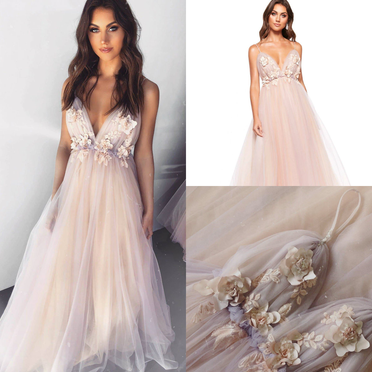 Hand Made Flowers A Line Prom Dresses Spaghetti Backless Tulle Party Gowns Sweep Train Special Occasion Dresses, Light purple
Hand Made Flowers A Line Prom Dresses Spaghetti Backless Tulle Party Gowns Sweep Train Special Occasion Dresses, Light purple