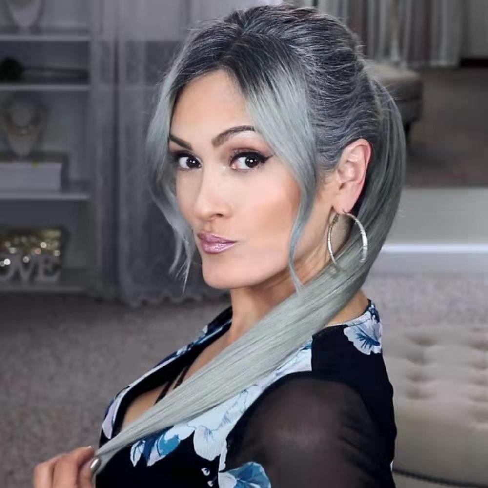 Fashion grey human hair weave ponytail hair piece straight wavy wraps clip in gray afro hairpiece 100g 120g