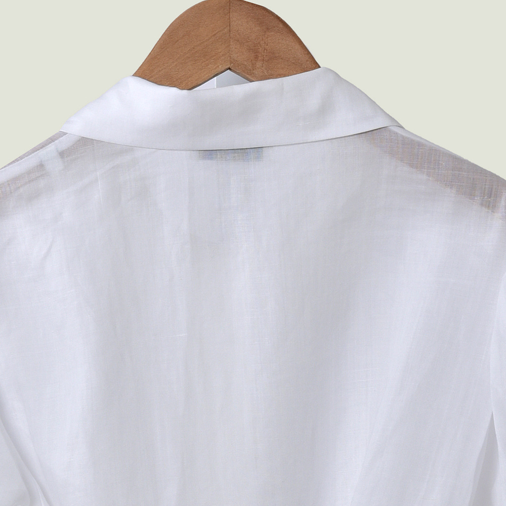 2020 Spring Summer 3/4 Sleeve Lapel Neck White Pure Color Belted Blouse Women Fashion Shirt W0615017