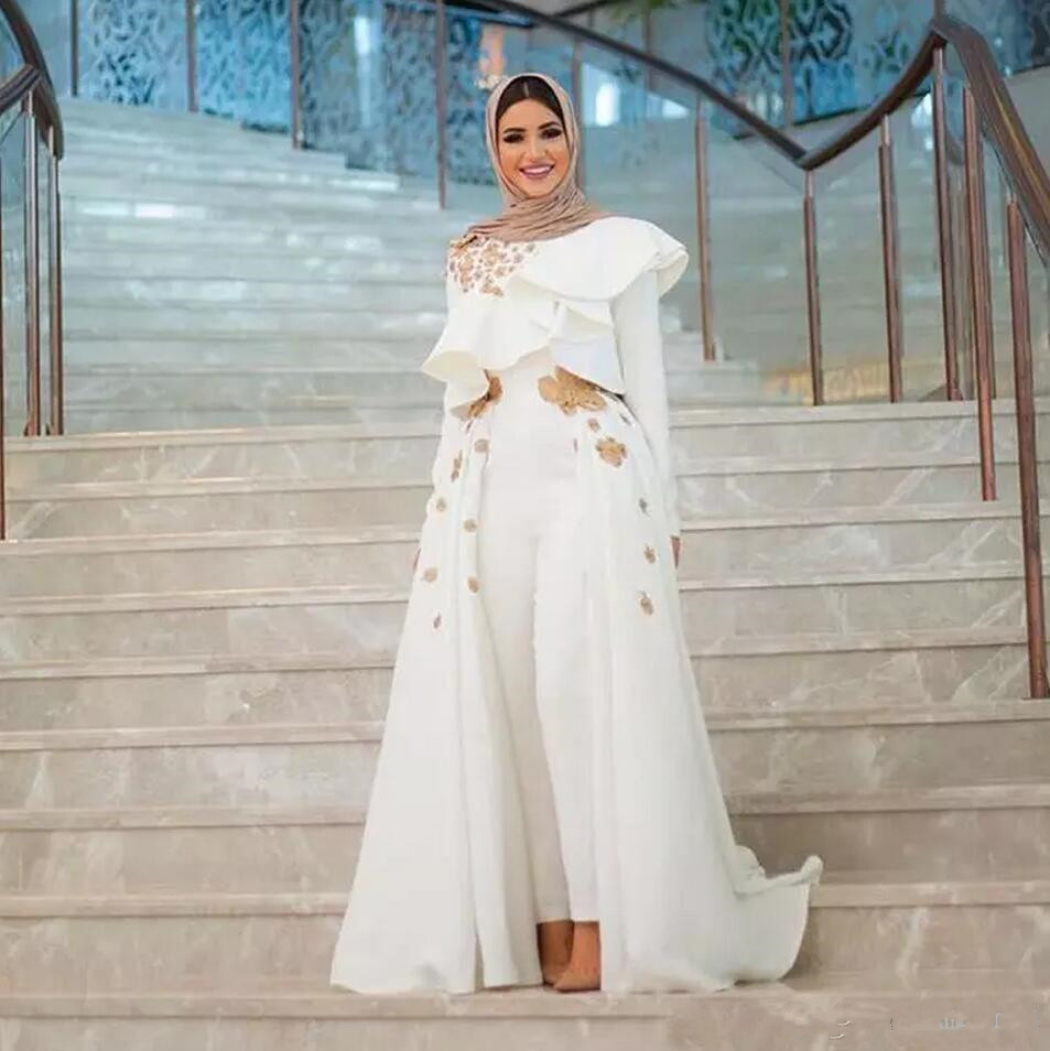 2019 New Long Sleeves Appliques Arabic Dresses Evening Formal Wear Long Sleeve Jumpsuits Prom Dress With Overskirts Cheap Women's Pant Suits