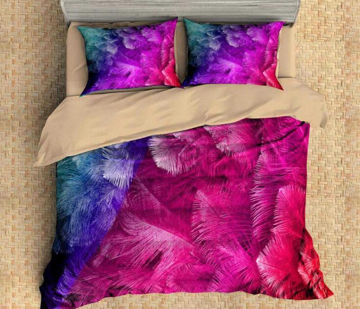 Feather Pattern Bedding Set 3D Peacock Colorful Feather Printing Duvet Cover with Pillowcase Full Queen King Size