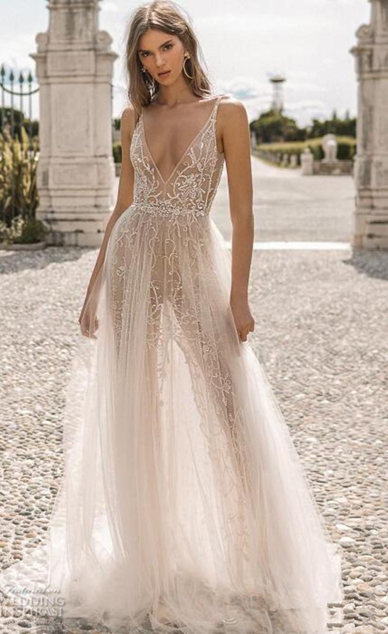 berta a e dresses plunging v neck backless lace bridal gowns see through boho slit wedding dress simple modest