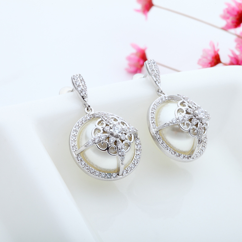 White Zircon Pearl Drop Dangle Earrings S925 Silver Needle Wedding Jewelry for Women Girl Gift