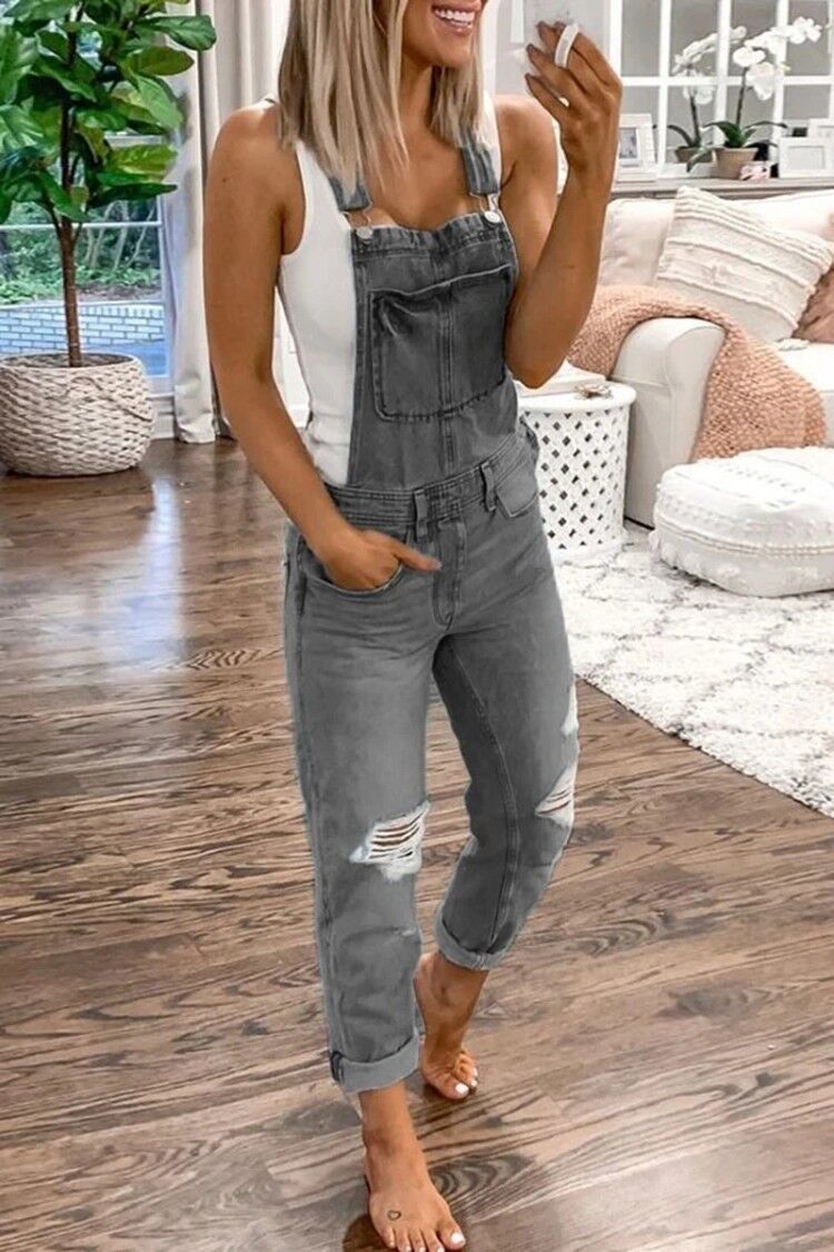 Spot Jumpsuits European spring and summer sports shoulder strap hole denim jumpsuit women's casual support mixed batch