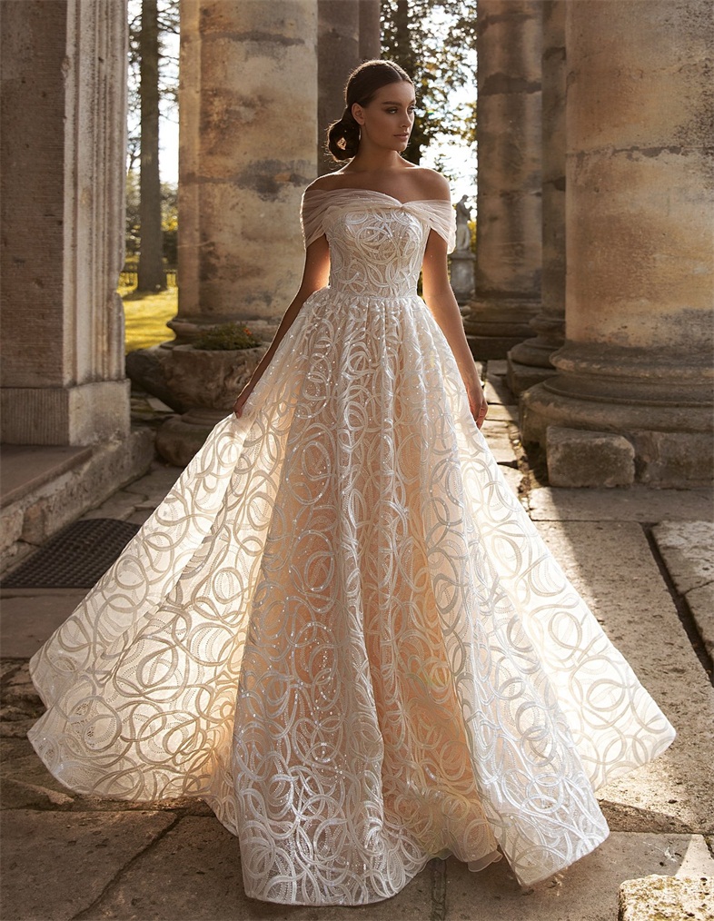 2020 Elegant A Line Wedding Dresses Off The Shoulder Appliqued Sequins Lace Up Back Design Court Train Bridal Gowns