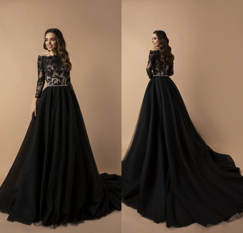 2019 Black Prom Dresses Off The Shoulder Lace Appliqued Beaded Belt A Line Sweep Train Cheap Evening Gowns Custom Formal Party Dress Robe