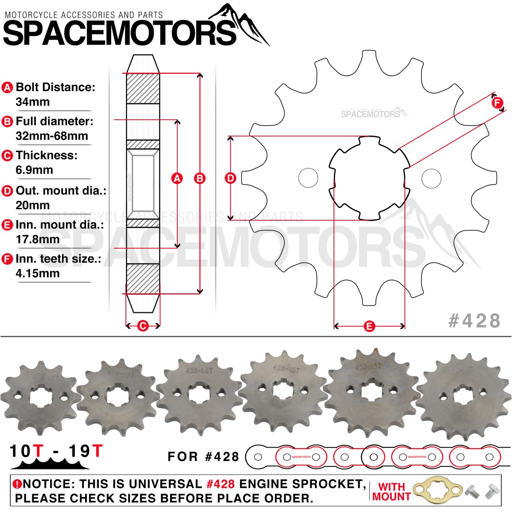 

# 428 10T-19T 20mm spline Front Engine Sprocket Star motorcycle CRF XR 50R SSR Dirt Pit Bike ATV Quad Go Kart Moped Buggy