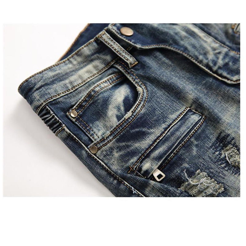 Mens Classic Biker Jeans Male Slim Straight Knee Drape Panel Moto Biker Jeans Destroyed Ripped Stretch Hip Hop Trousers