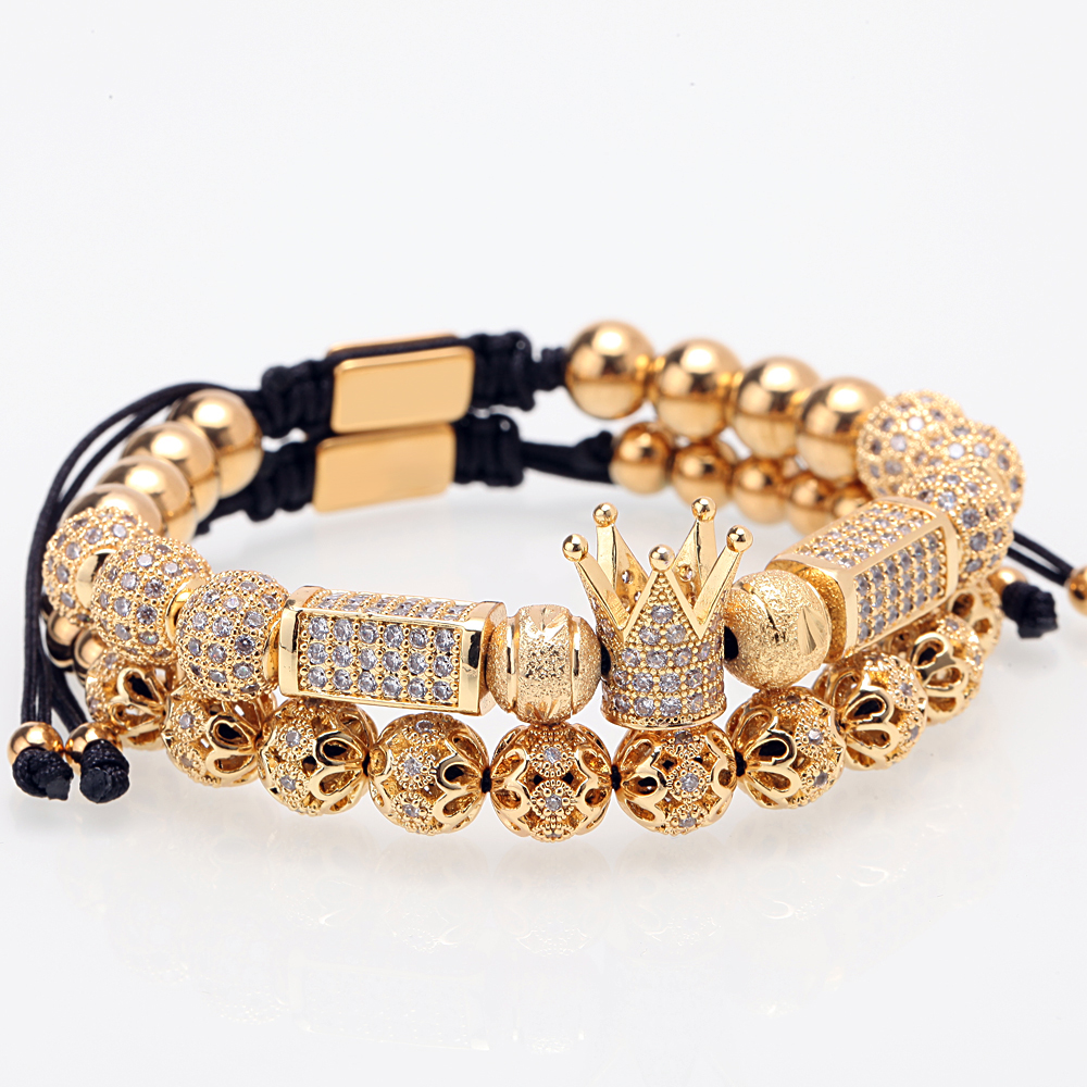 2pcs/set Charm Luxury Gold Bracelet Men Male Stainless Steel Beads Crown Cz Zircon Braided Female pulseira Gift Valentine's Day Holiday Christmas
