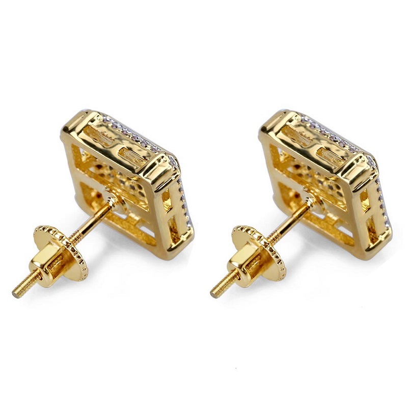Hip Hop Square Stud Earrings Screw Back Bling Full White Zircon Earrings Gold Plated Vintage Geometric Jewelry