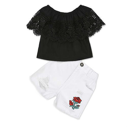 Discount Fashion Girls Suit Stripe Tops +Pants 2 Pieces The Strapless Set Kids Bowknot Hole White Pants Childrens Clothing Set