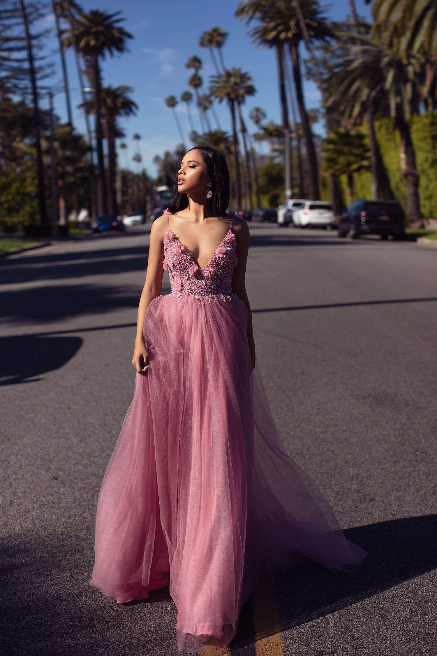 2020 Rosy Evening Dresses V Neck Lace Appliqued Beaded Sleeveless Prom Gown Backless Sweep Train Custom Made Tulle Formal Party Gown