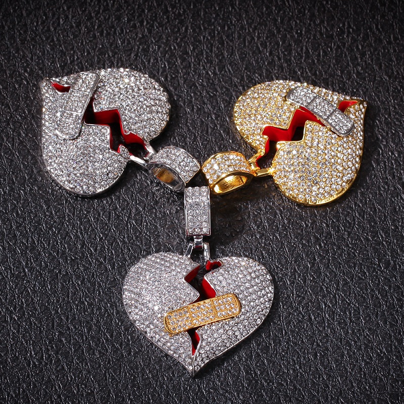 Mens Hip Hop Necklace Iced Out Broken Heart Pendant Necklaces Fashion Jewelry