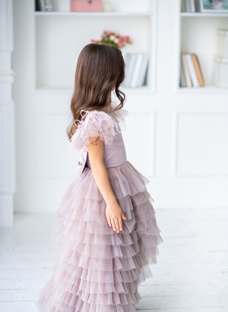 2020 High Low Flower Girl Dresses Kids Wedding Jewel Neck Feather Tiered Skirts Girls Pageant Dress A Line Custom Bow Birthday Party Gowns