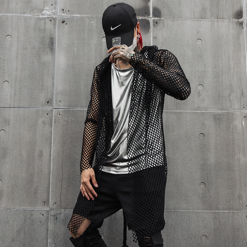 Men hollow out mesh long trench coat with hemp rope belt sexy gothic punk rock hooded cloak nightclub DJ singer stage costume CJ191128