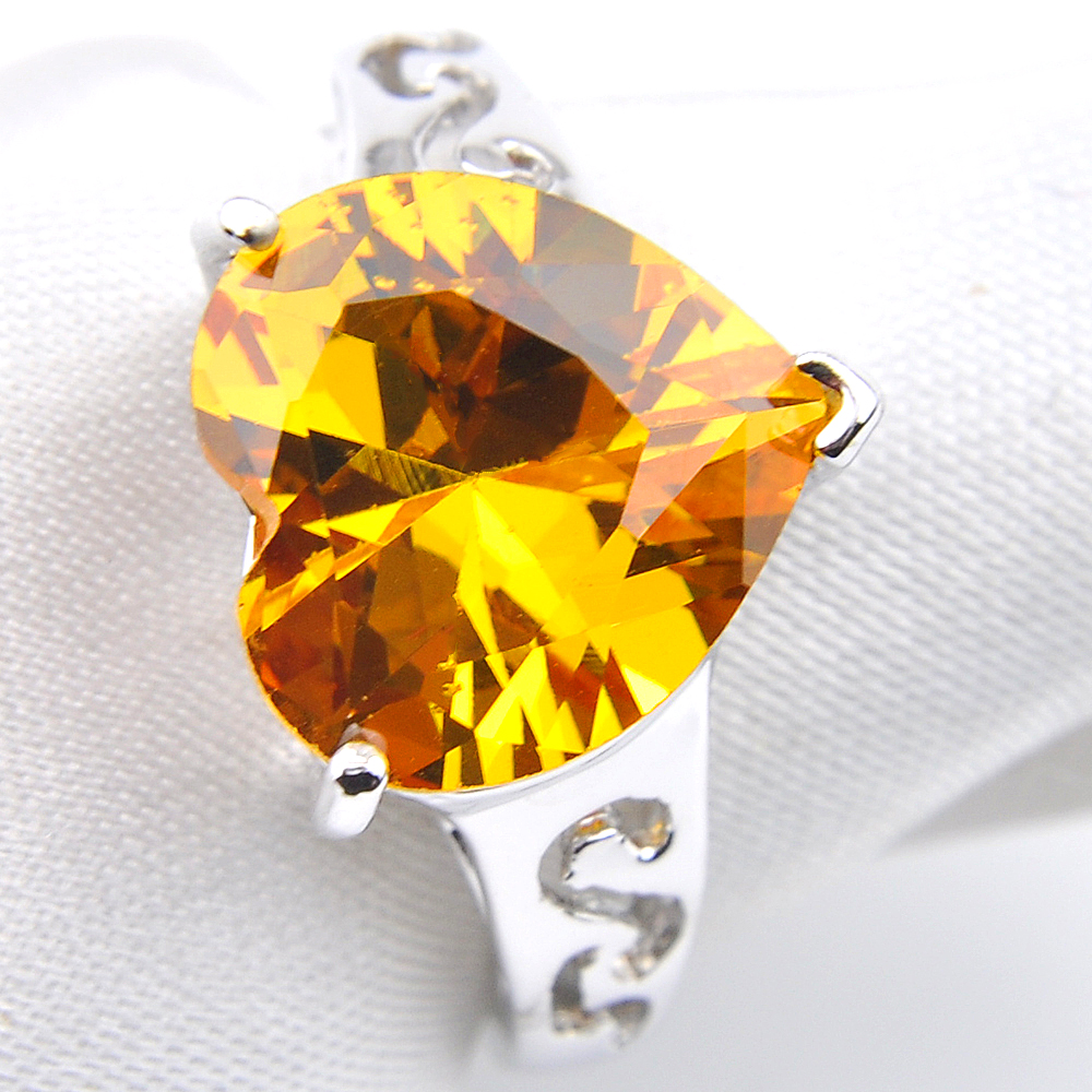 5pcs Lot Wholesale Solitaire Engagement Jewelry Heart Yellow Citrine Gems Gems 925 Sterling Silver Plated For Women Rings US Size 7 8 9