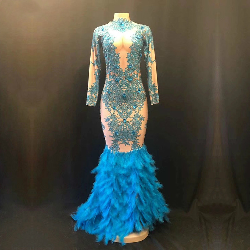 Fashion Sparkly Rhinestones Blue Feather Nude Dress Sexy Full Stones Long Big Tail Dress Costume Prom Birthday Celebrate Dresses
Fashion Sparkly Rhinestones Blue Feather Nude Dress Sexy Full Stones Long Big Tail Dress Costume Prom Birthday Celebrate Dresses