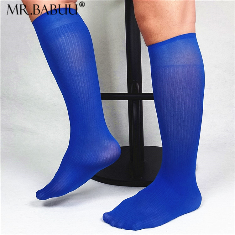 Men Solid Ribbed Striped Business Socks Vintage Soft Mesh Nylon Silk Socks Formal Dress Suit Long Striped Sheer Light Weight Socks