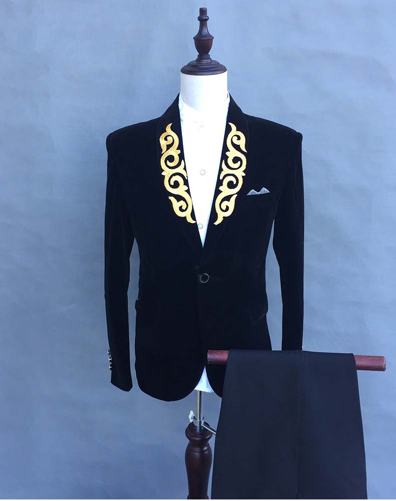 2019 Embroidery Velvet Mens Designer Jackets Shawl Lapel Black Burgundy Blue Groom Tuxedos Men Suits In Stock