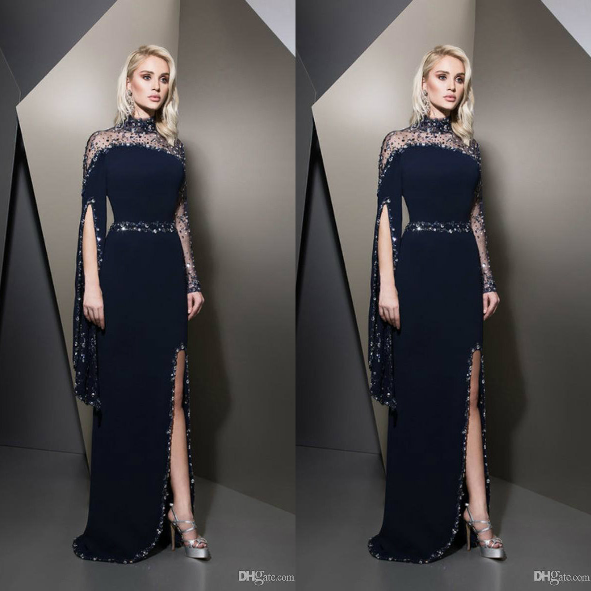 2020 Ziad Naked Mermaid prom dresses beaded high neck Prom Dresses Floor Length Long Sleeves Party Evening Gowns Custom