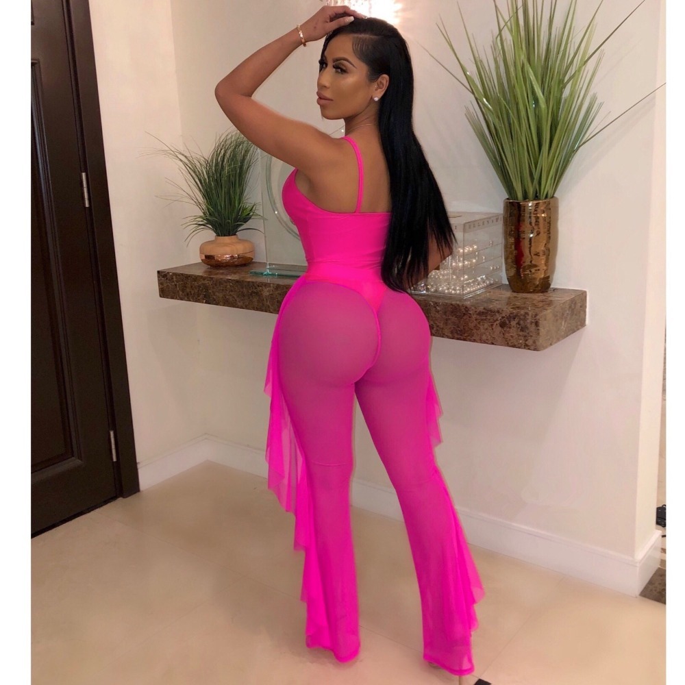 BKLD Fashion Neon Green Tracksuit Women Two Piece Set Sleeveless Bodysuit And Ruffles Mesh Sheer Pants Bodycon Two Piece Outfits