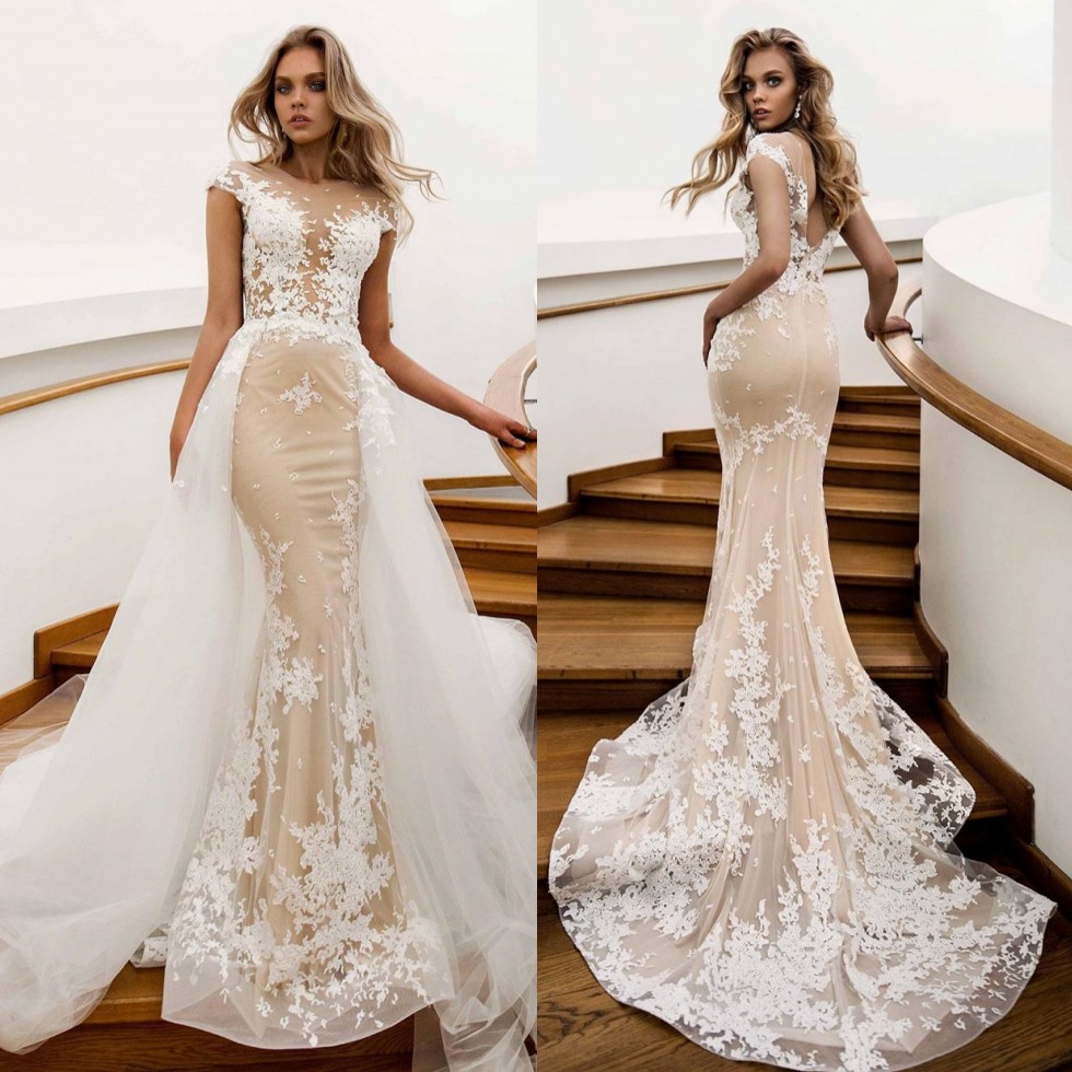 Backless Charming Lace Mermaid Wedding Dresses Sheer Bateau Neck Appliqued Bridal Gowns With Detachable Train Trumpet Robe De Marie