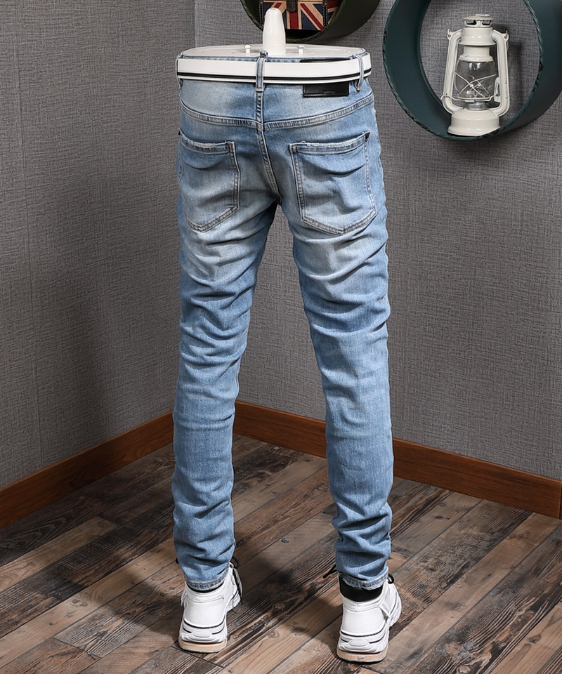Print Distressed Blue Jeans Guy Slim Biker Fit Skinny Leg Ripped Fading Cowboy Trousers Men