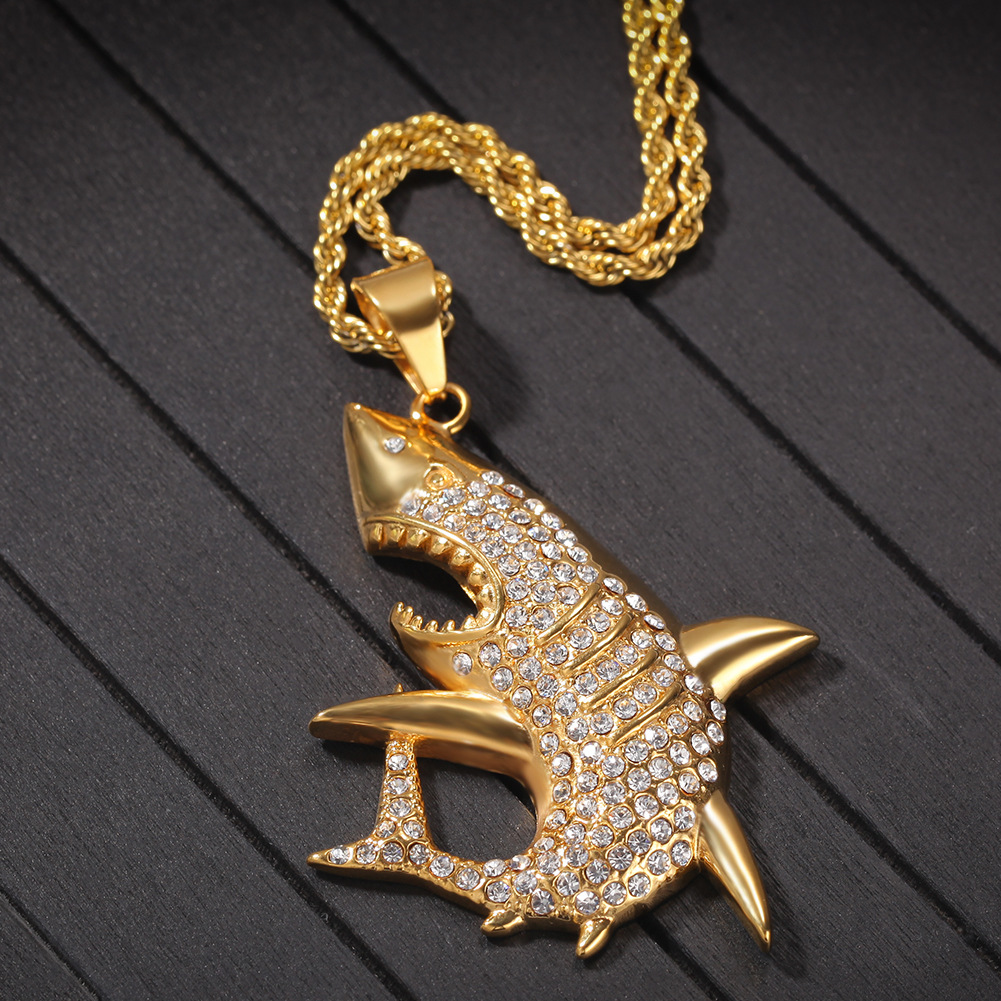 New Fashion Gold Plated Stainless Steel Bling Diamond Mens Shark Pendant Chain Necklace personalized Hip Hop Rapper Jewelry Gifts for Men