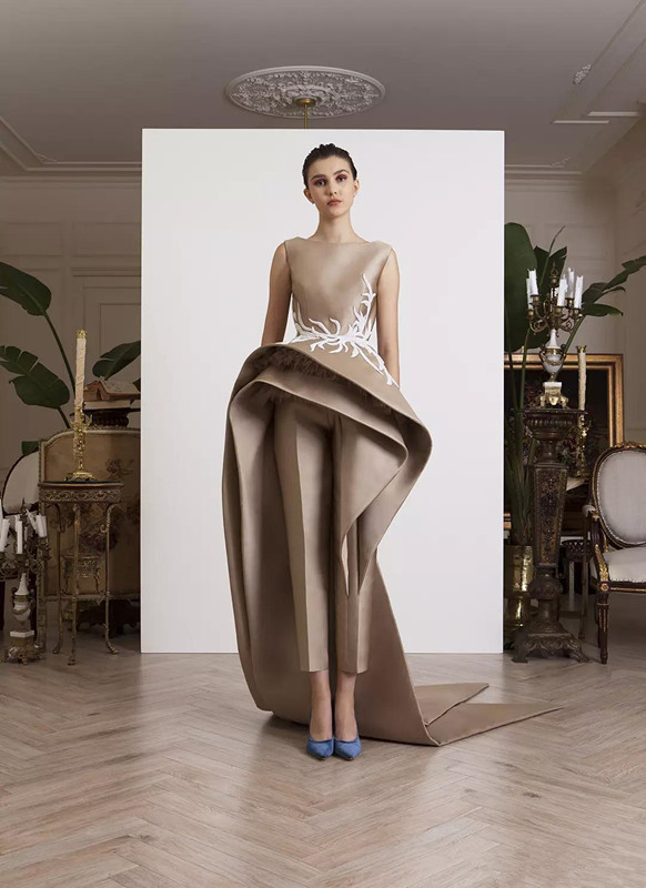 Krikor Jabotian Tan Prom Jumpsuit With Train 2019 Jewel Neck Ruffles Peplum Lace Stain Arabic Occasion Evening Jumpsuit Dresses Gown