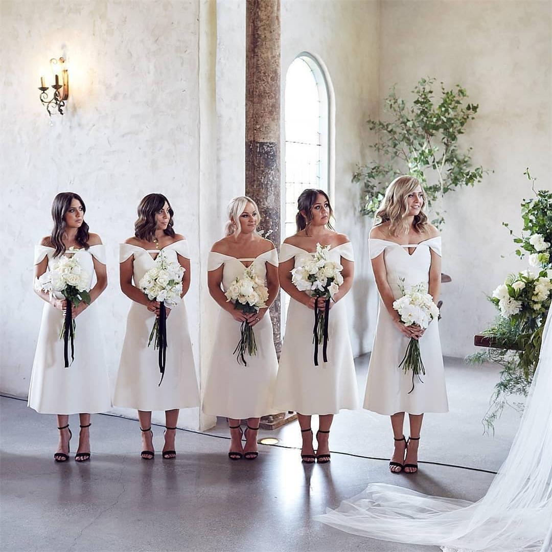 Elegant Satin Bridesmaid Dresses Tea Length Off Shoulder Cheap Bridal Gowns Women Formal Prom Dresses Custom Made