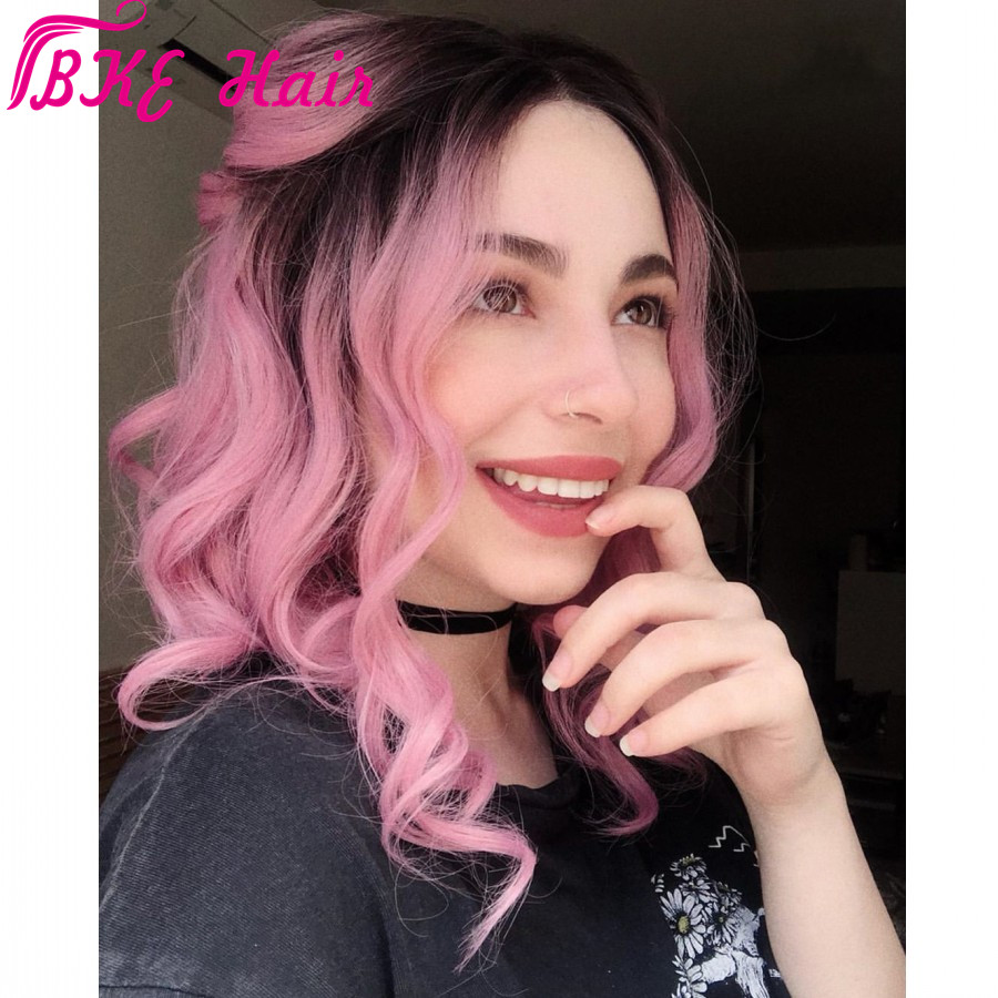New short style Ombre Pink Wigs short Wavy Synthetic Lace Front bob Wig For Women Heat Resistant Fiber Natural Hairline Cosplay