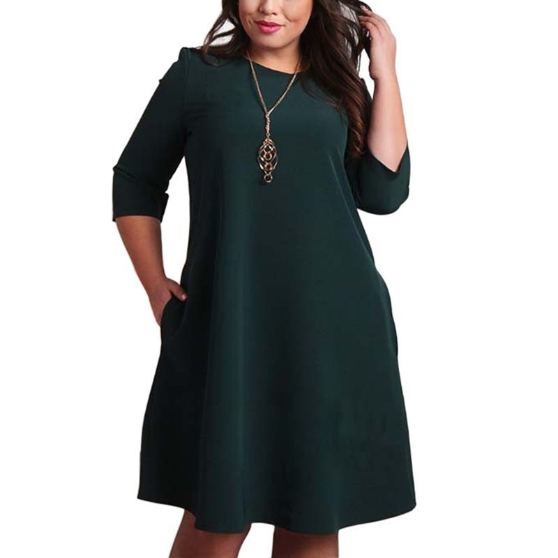 Big Size Dresses Office Ladies Plus Size Casual Loose Autumn Dress Pockets Green Red Fashion Dress Women Clothes
