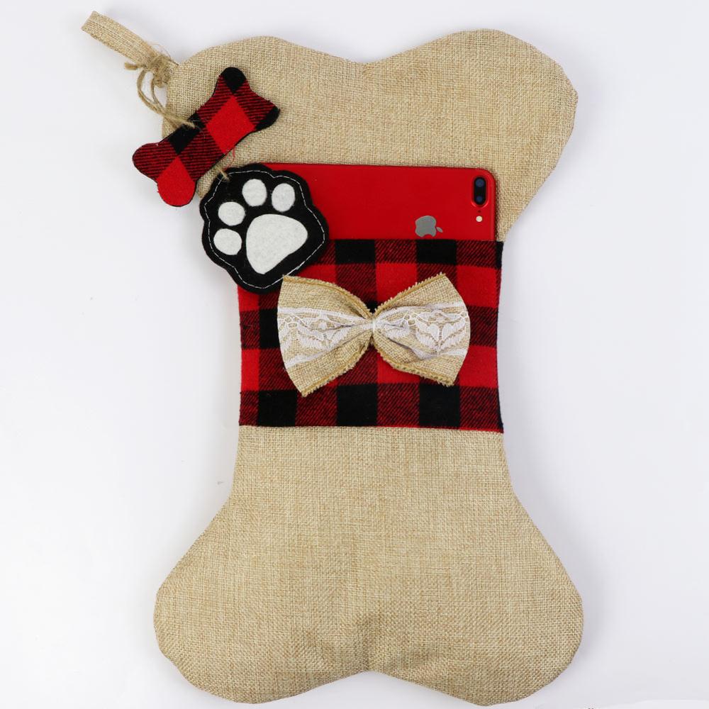 Big Plaid Puppy Dog Christmas Stocking 42cm*26cm Cotton and Burlap Bone Christmas Gift Bags for Dog