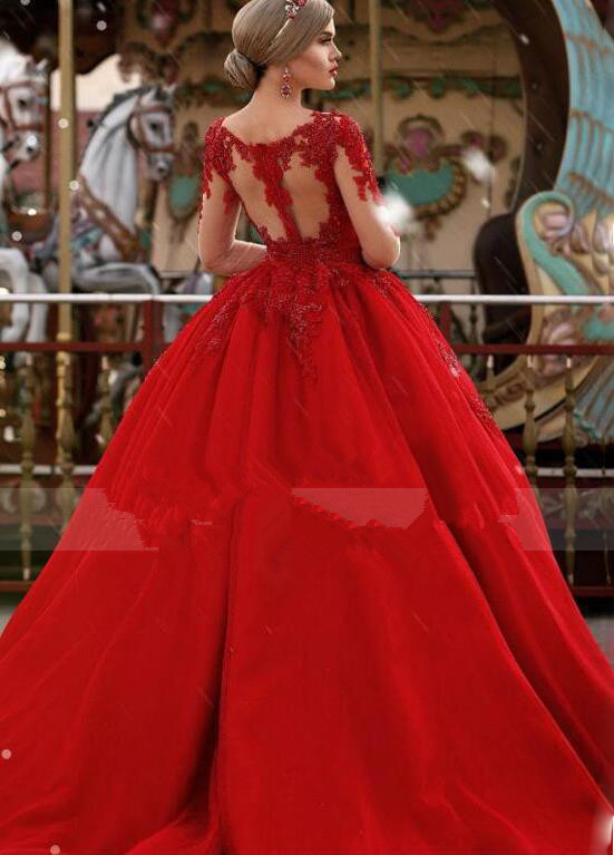 vestido de noiva Vintage V Neck Wedding Dresses Long Sleeves Beaded Lace Applique Illusion Zipper Back Sweep Train Red Bridal Dress