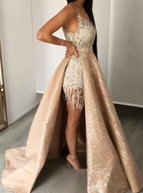 Shinning Sexy Prom Dresses With Detachable Skirt Lace Appliques Beads Crystals Celebrity Party Cocktail Dress Sheer Neck Evening Gowns