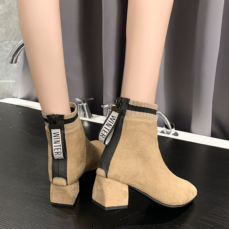 35-43 Big Yard Women Spring Autumn Martin Boots 2025 New Fashion 5 cm Thick Heels Single Shoes Female Vintage zipper knit Shoes