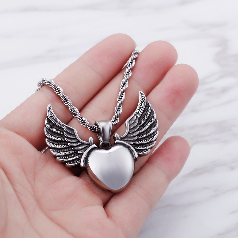 Women Men Hip Hop Heart Shape Angel Wings Pendants Necklace 316L Stainless Steel 18K Gold Plated Jewelry