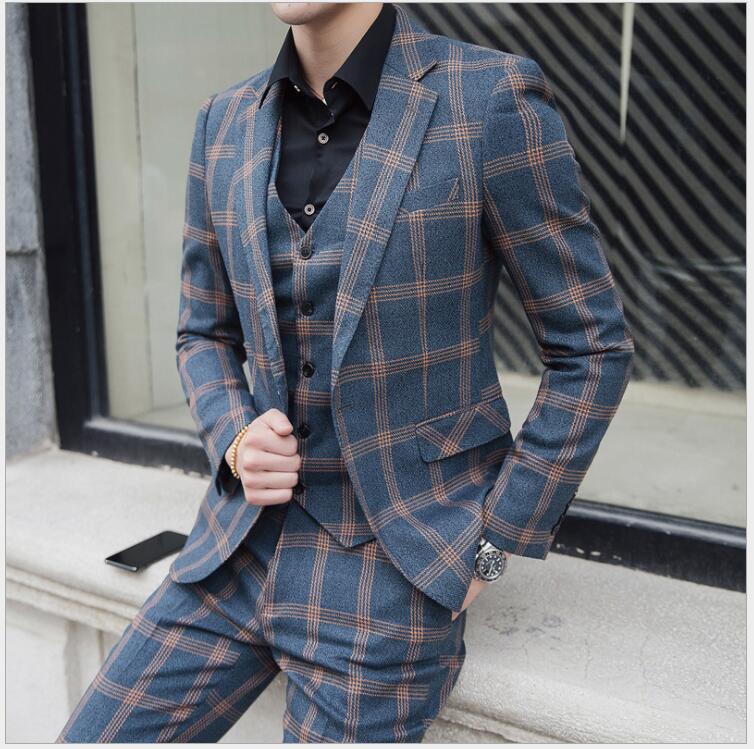 Fashion Plaid Tweed Bridegroom Wedding Clothing Best Men Suits Three Pieces (Blazer+Pant+Vest) Business Banquet Tuxedos For Sale